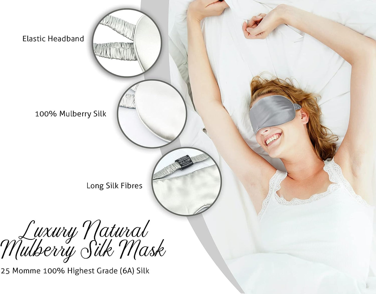 Silk Eye Mask with Elastic Band - 100% Pure Mulberry Sleep Mask - 25 Momme, Anti-Aging, Hypoallergenic, Blocks Light - Soft & Smooth Night Eye Cover for Sleeping & Travel with Box