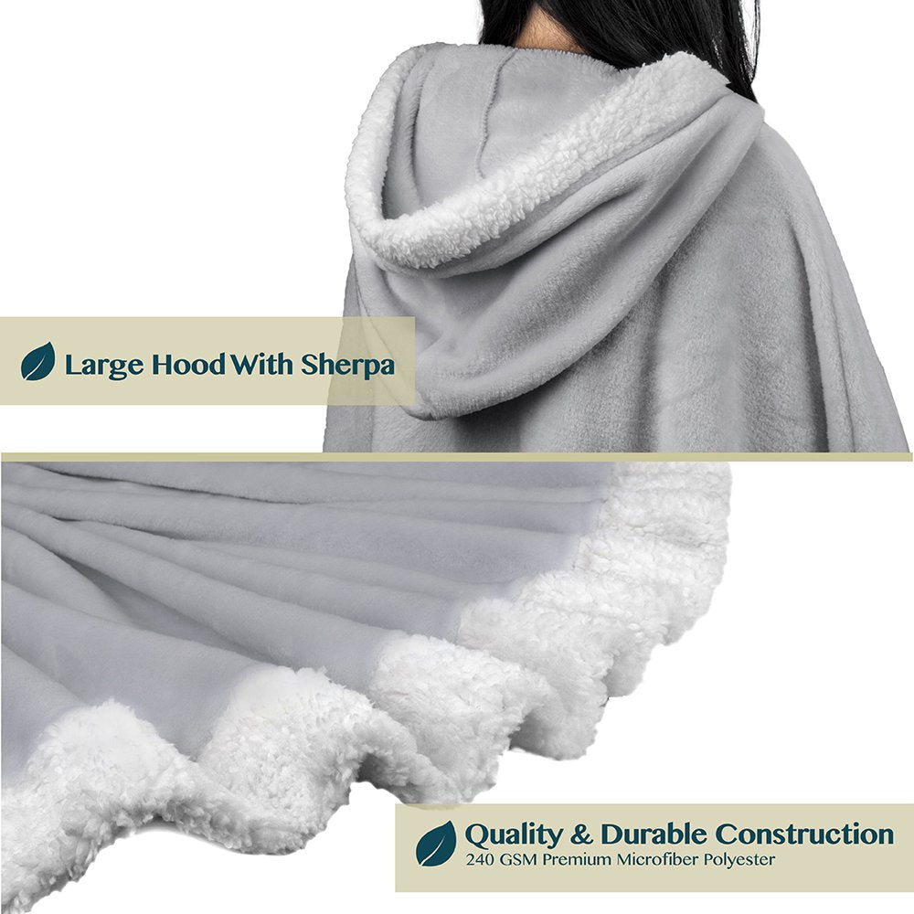 Angel Wrap Hooded Blanket, Wearable Blanket Women, Cozy Poncho Wrap Throw for Adult, Plush Soft Sherpa Fleece Cape Shawl with Pockets Hood, Gift for Wife Mother, Light Gray