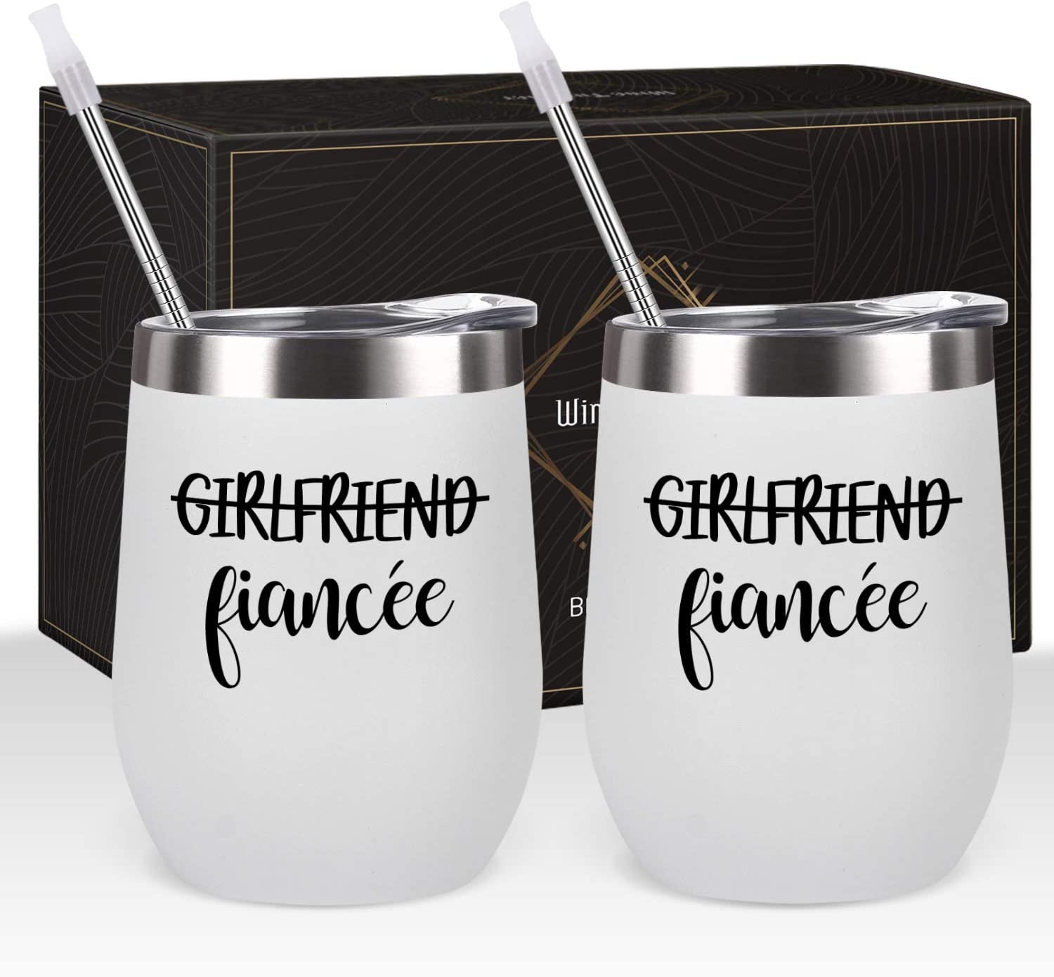 Girlfriend and Girlfriend Wine Tumbler Lesbian Couple Gifts, Engagement Wedding Valentine’S Day LGBT Gifts for Girlfriend, 12 Oz Stainless Steel Fiancée Wine Tumbler Set with Lids, White