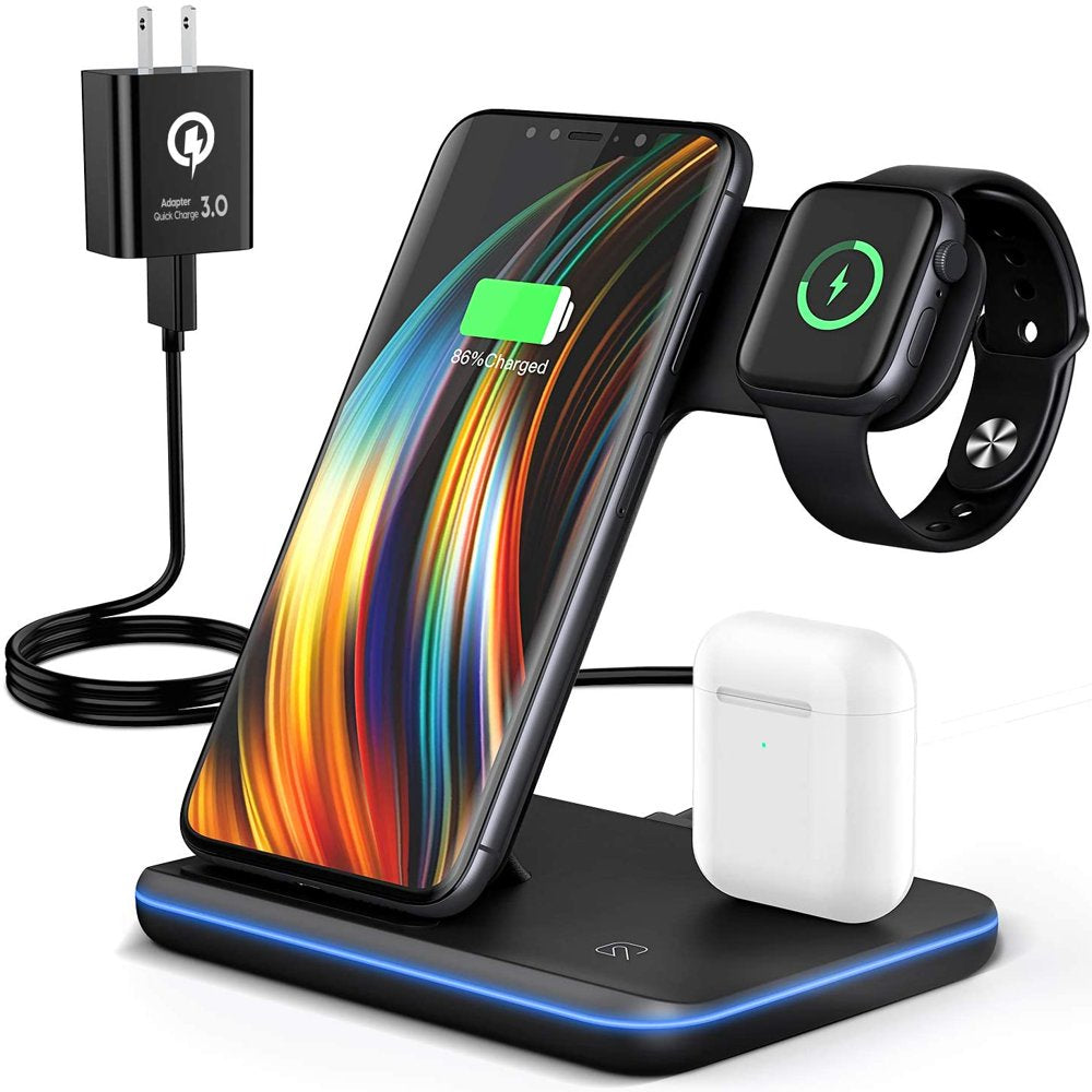 Wireless Charger Station, Qi-Certified 3 in 1 Fast Wireless Charger Stand with Breathing Indicator Compatible with Apple Watch Airpods for Iphone 14/13/12/11/Pro Max/12 Mini/11 Pro/Xr/8 Plus