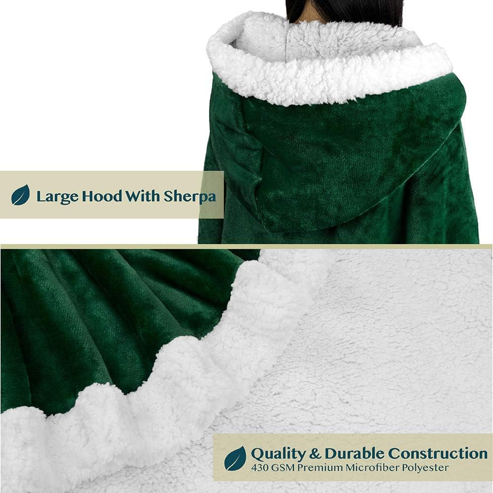 Angel Wrap Hooded Blanket, Sherpa Lined Wearable Blanket Women, Cozy Poncho Wrap Throw for Adult, Plush Warm Cape Shawl with Pockets Hood, Gift for Wife Mother, Emerald Green