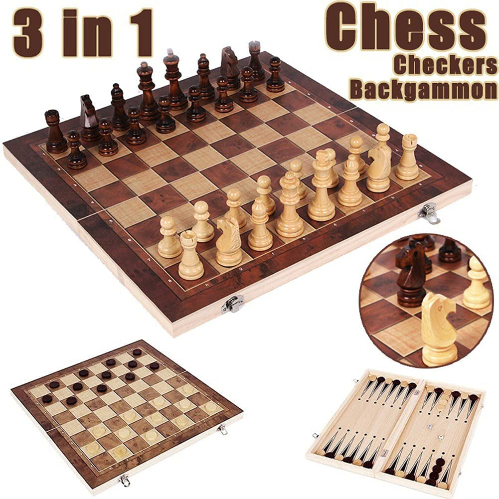 Chess Set，Folding Storage Wooden Chess Board Sets，3 in 1 Chess Board Game for Adults and Kids （Chess，Backgammon，Checkers），Exquisite Wooden Chess Pieces