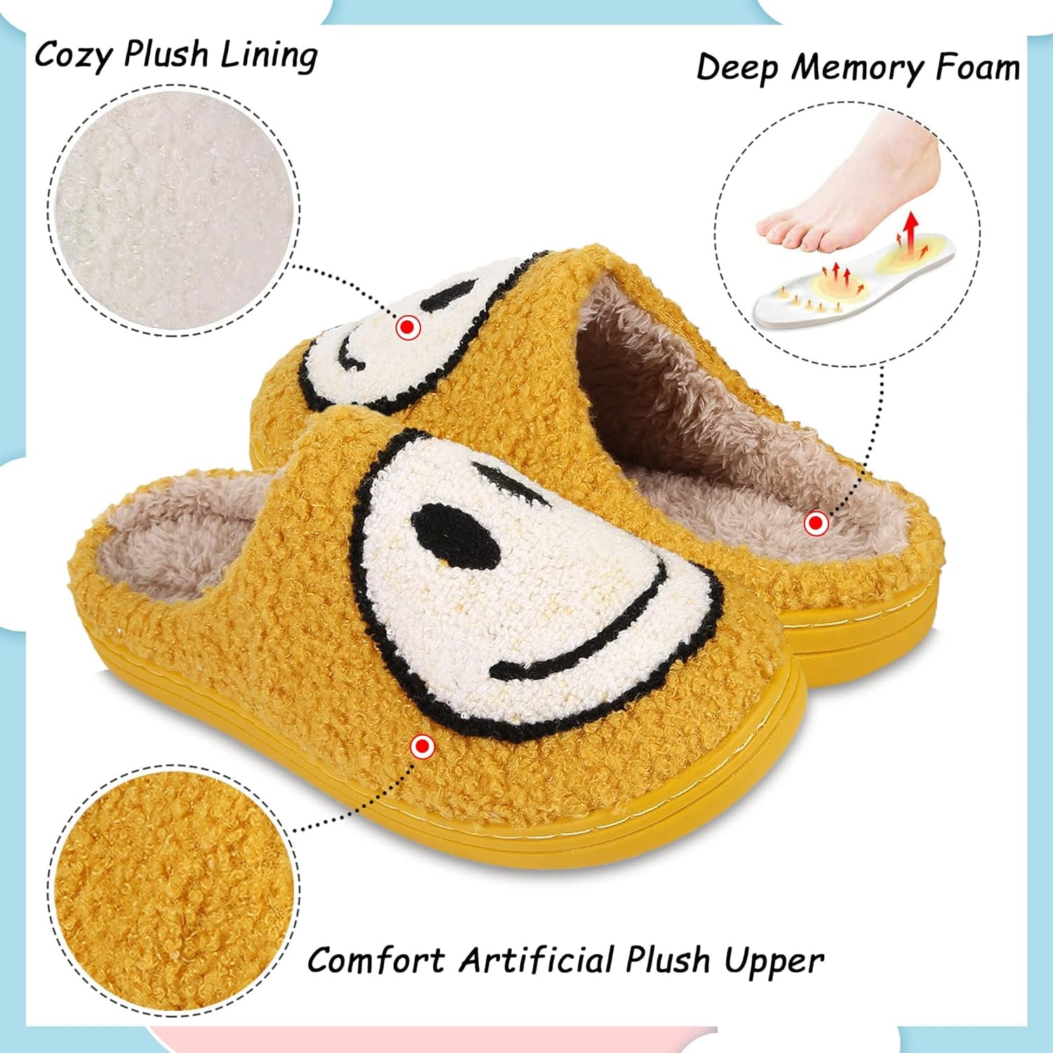 Smile Face Slippers for Women Men, Retro Soft Plush Lightweight Cute Happy Face House Slides, Cozy Fluffy Warm Home Cloud Slippers Slip-On Fleece Shoes Non-Slip Indoor Outdoor