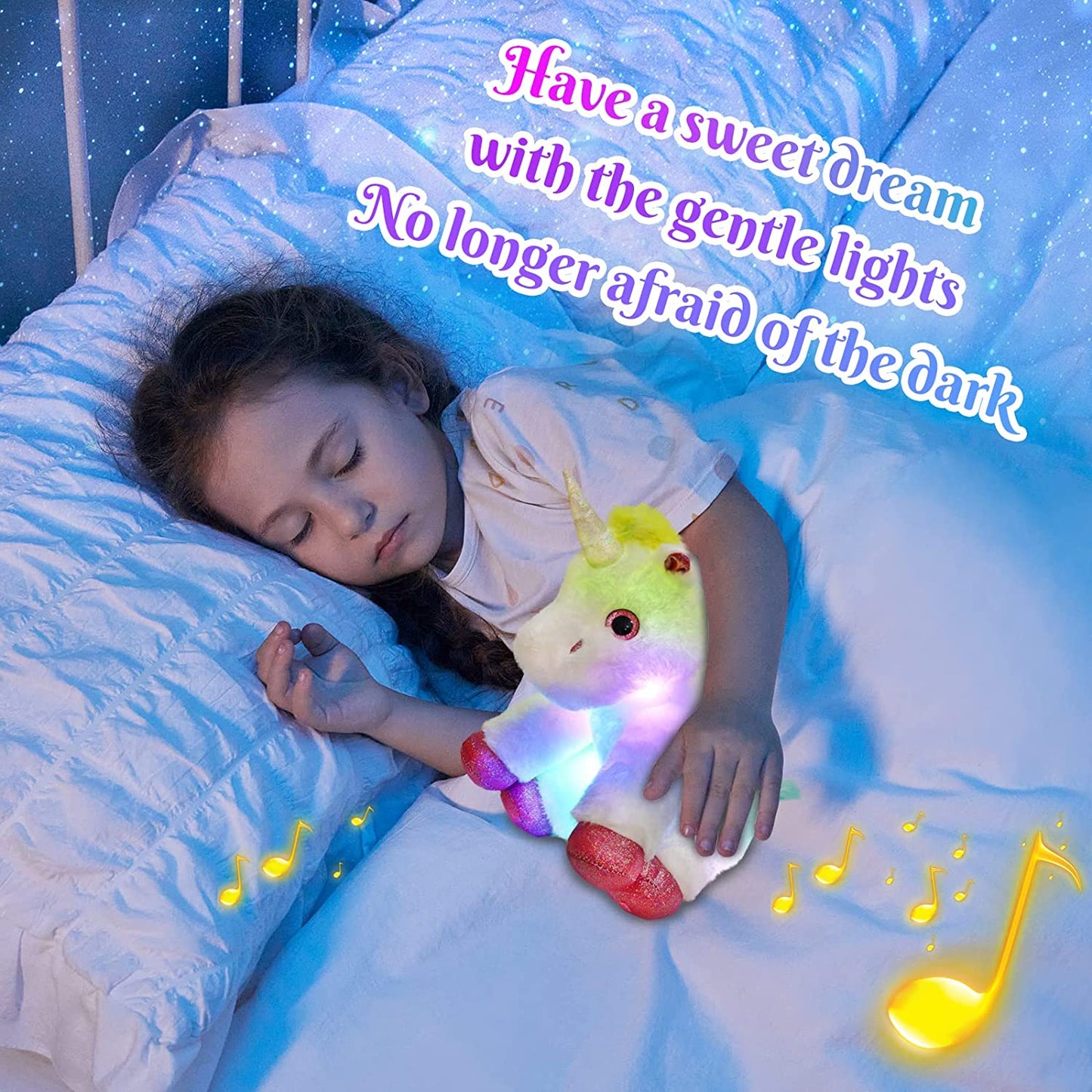 Light up Musical Unicorn Stuffed Animal Soft Hugging Glowing Plush Toy with LED Night Lights Christmas Children'S Day Holiday Birthday Gifts for Toddlers Boys Girls, 13''