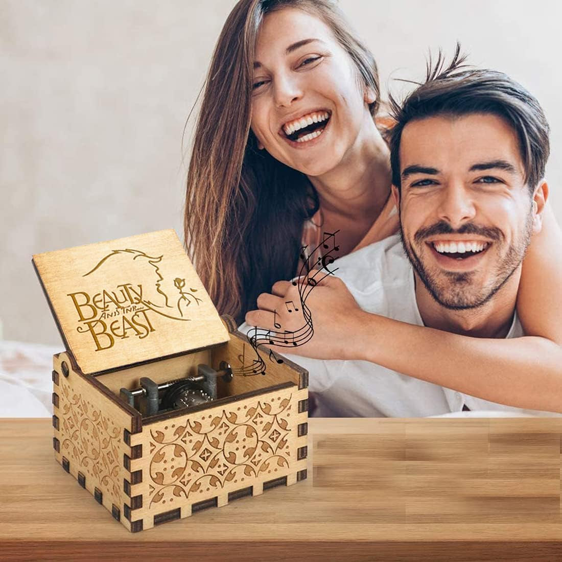 Beauty and the Beast Music Box, Valentine Christmas Birthday Anniversary Wooden Gift for Wife Girlfriend Husband Boyfriend Girl Hand Crank Present