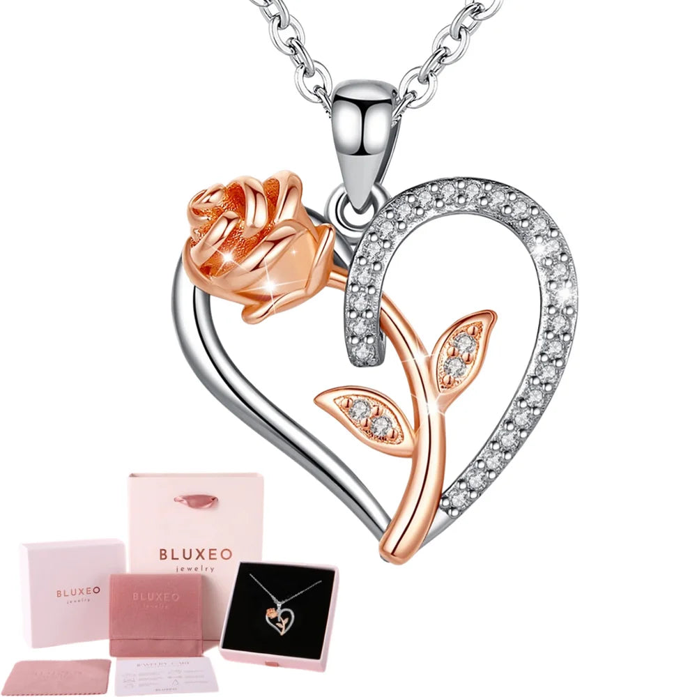 Necklace Gift for Wife from Husband Valentines Day Gift for Women Rose Heart Sterling Silver Necklace for Girlfriend Birthday Gifts Rhodium 18K Rose Gold