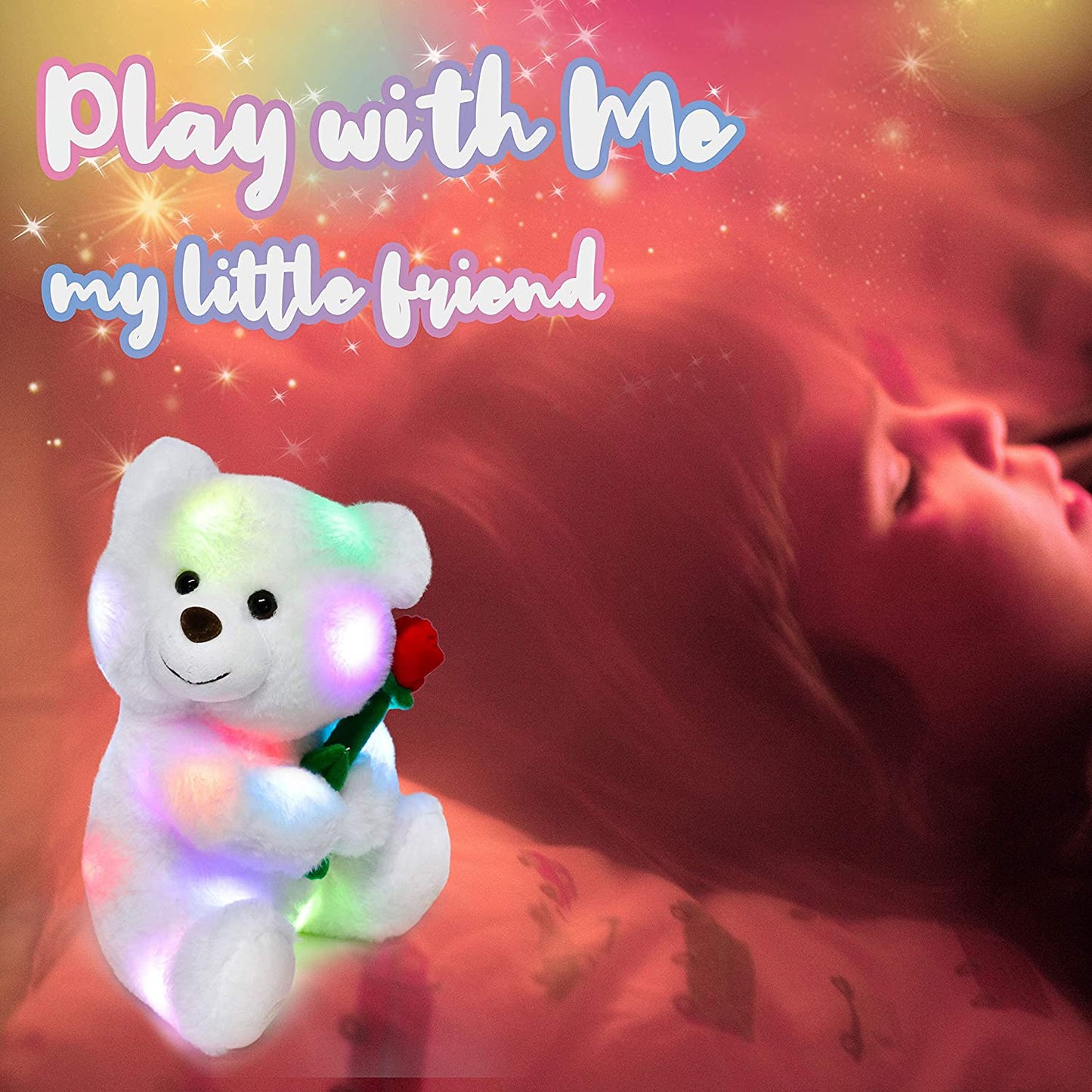 LED Plush Teddy Bear with Rose Lighting up Stuffed Animal Floppy Night Lights Glow in the Dark Birthday Mother'S Day for Kids Girls Toddlers, White, 11''