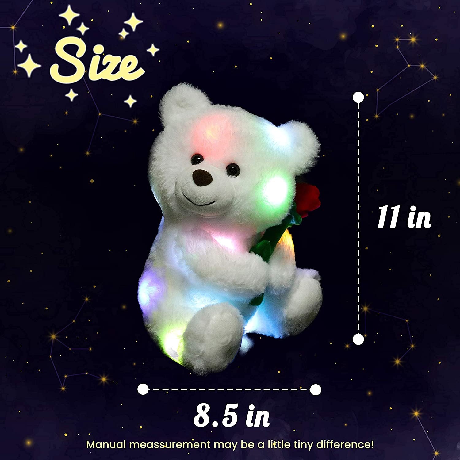 LED Plush Teddy Bear with Rose Lighting up Stuffed Animal Floppy Night Lights Glow in the Dark Birthday Mother'S Day for Kids Girls Toddlers, White, 11''