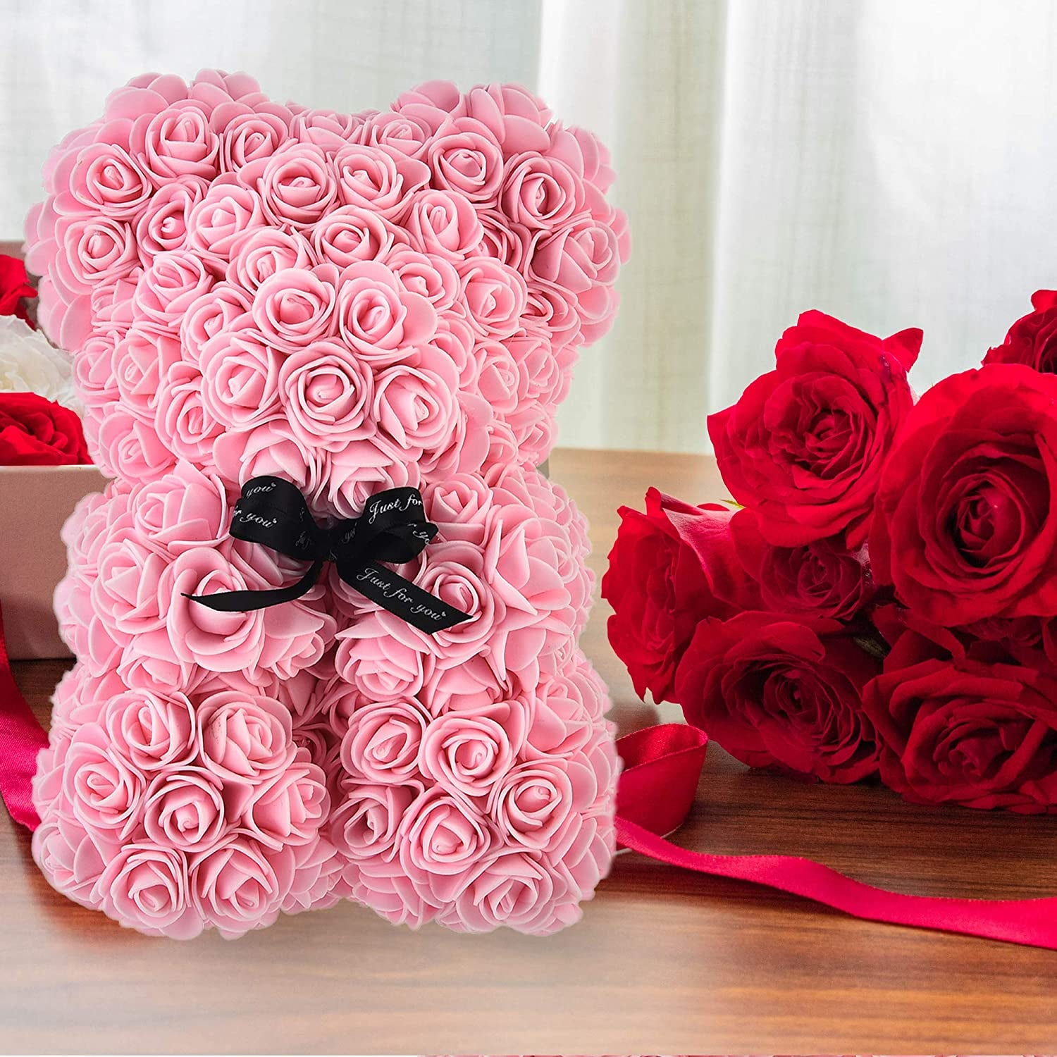 Rose Bear ,Rose Teddy Bear, Flower Bear Cub, Forever Rose Everlasting Flower for Window Display, Anniversary Christmas Valentines Gift (Light Pink)