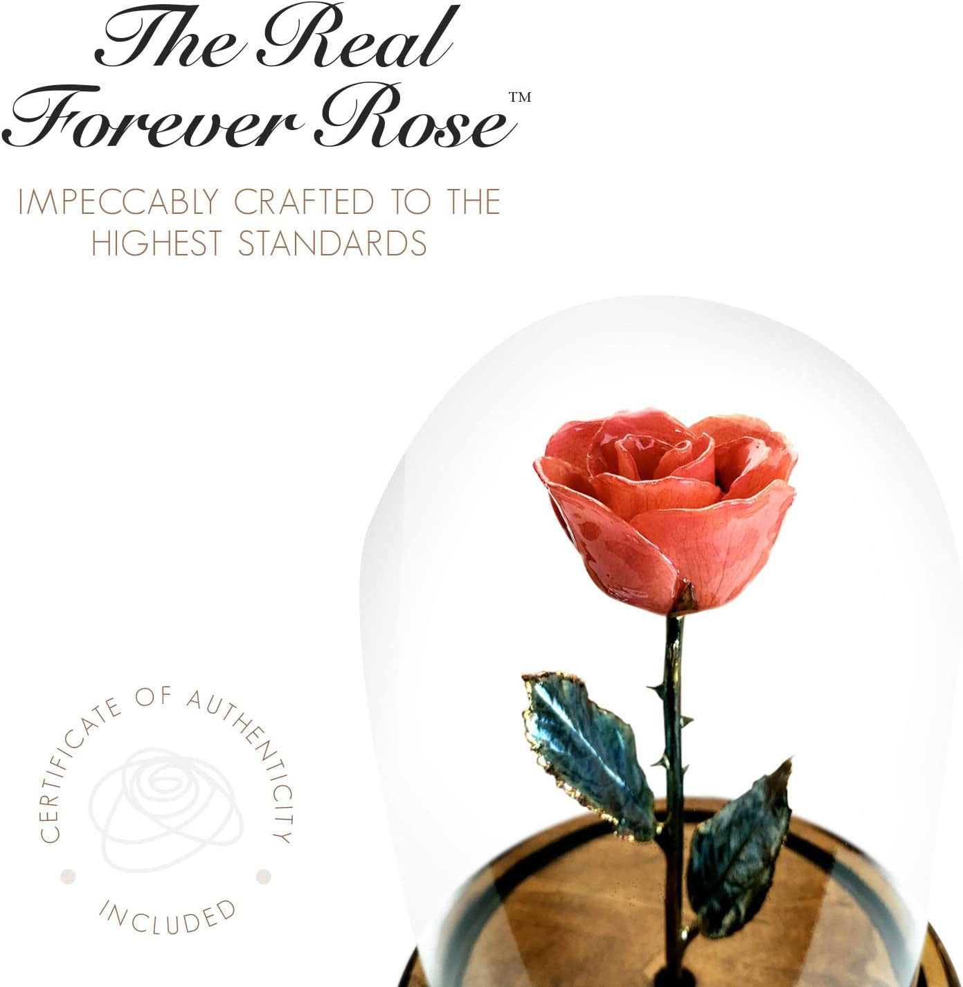 Enchanted Rose, Eternal a Genuine, One of a Kind, Real Pink Rose, Hand Dipped in Lacquer with a Copper Stem and Leaves, in a Glass Dome, Beauty and the Beast