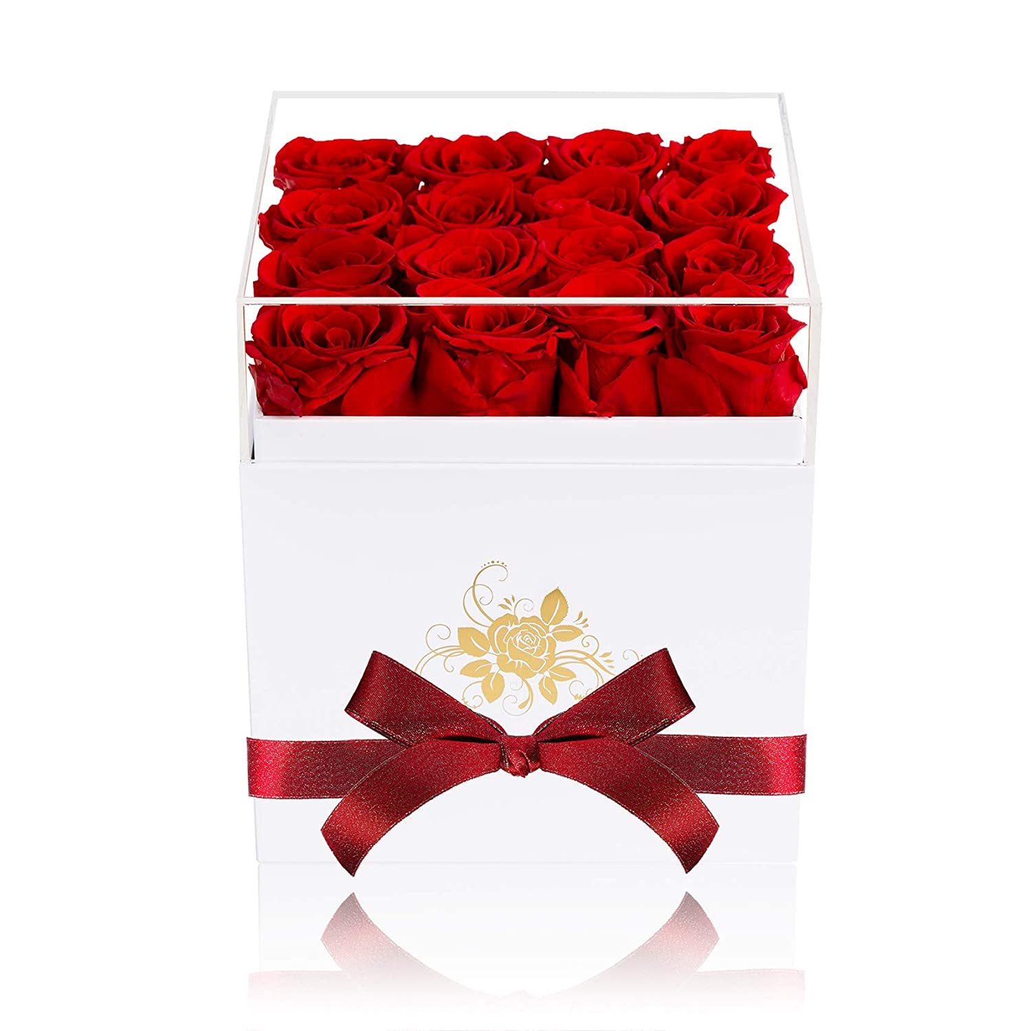 Luxury Preserved Roses in a Box, Red Real Roses Romantic Gifts for Her Mom Wife Girlfriend Anniversary Mother'S Day Valentine'S Day Christmas(White Large Square Box)