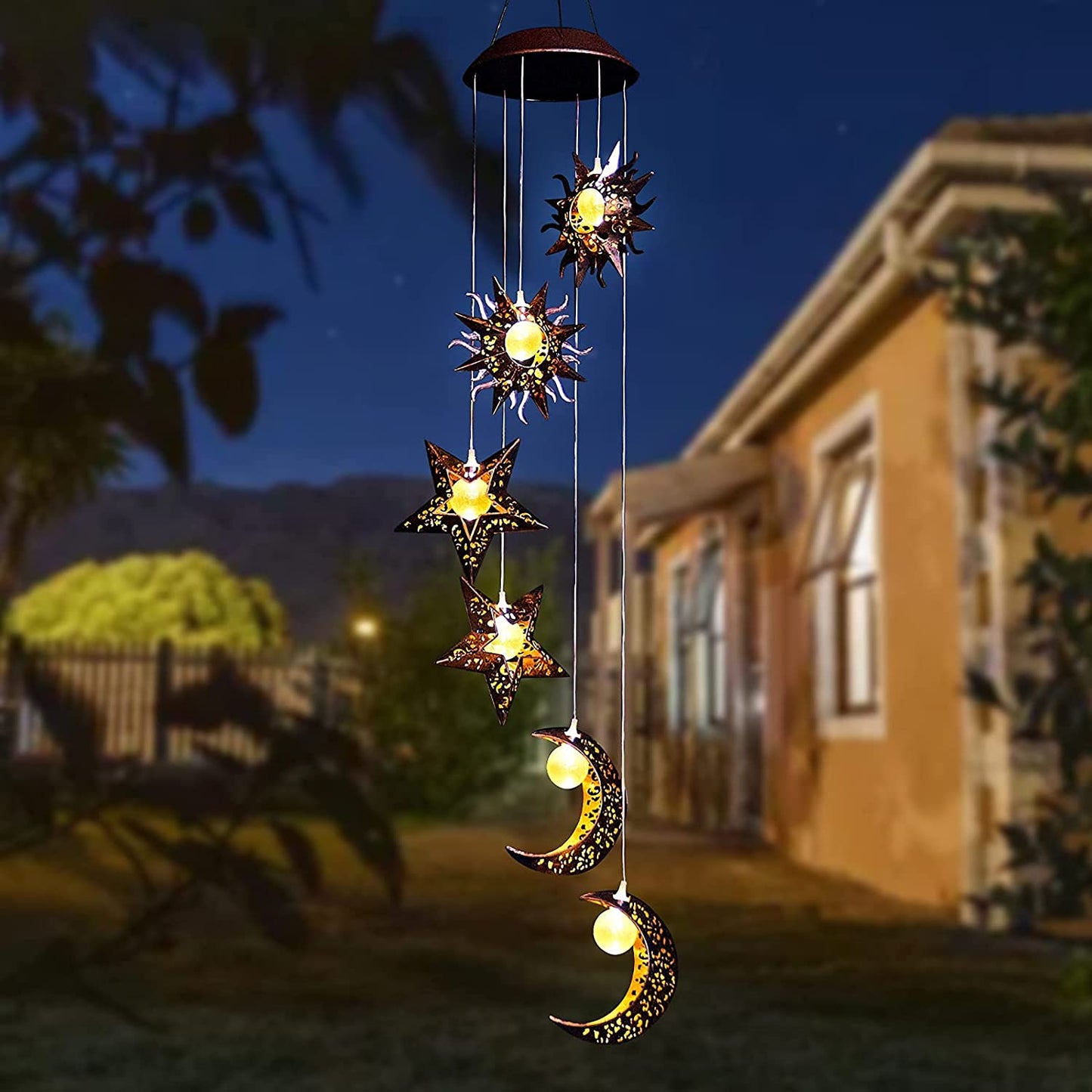 Solar Powered Wind Chimes with Sun Moon Star Warm LED Windchimes Hanging Outdoor Lights Unique Decor Gifts for Wife Mom Grandma Neighbors