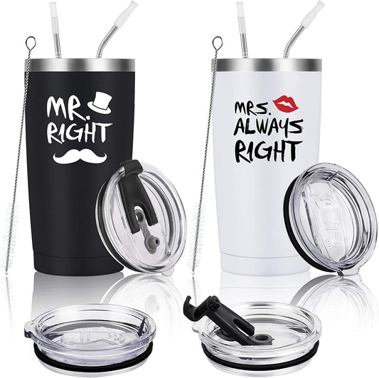 Mr. Right Mrs. Always Right Travel Tumbler Set, Wedding Engagement Gifts for Husband Wife Newlywed Couples Bride Groom Anniversary Bridal Shower, 20Oz Stainless Steel Travel Tumbler, Black and White, Mother’s Day 