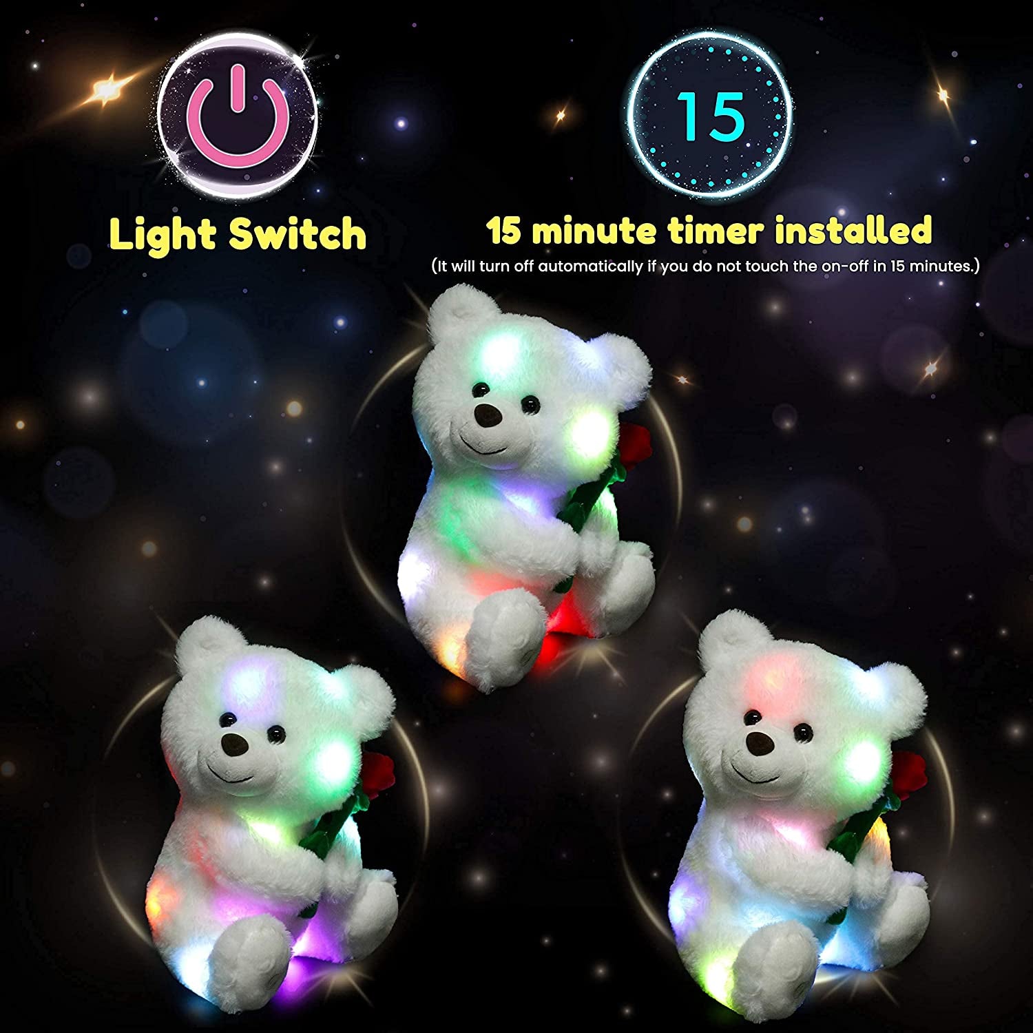 LED Plush Teddy Bear with Rose Lighting up Stuffed Animal Floppy Night Lights Glow in the Dark Birthday Mother'S Day for Kids Girls Toddlers, White, 11''