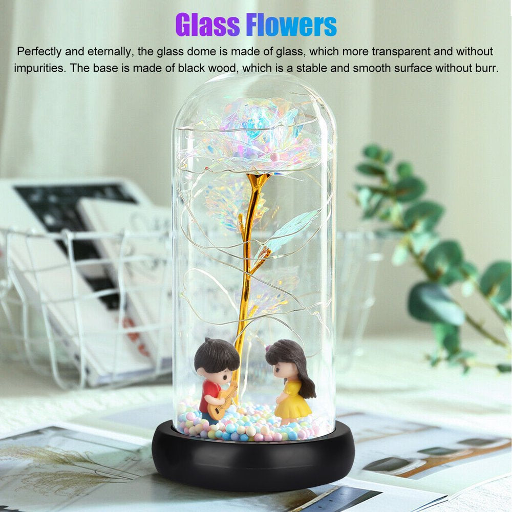 Galaxy Rose Flower Gift,  Colorful Artificial Rose Forever with LED Light String in Glass Dome for Wife Women Wedding Mother'S Valentine'S Day Anniversary and Birthday Thanksgiving Gifts