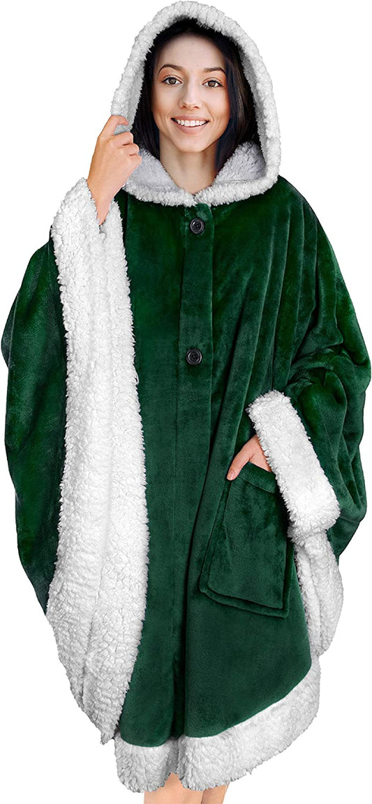 Angel Wrap Hooded Blanket, Sherpa Lined Wearable Blanket Women, Cozy Poncho Wrap Throw for Adult, Plush Warm Cape Shawl with Pockets Hood, Gift for Wife Mother, Emerald Green